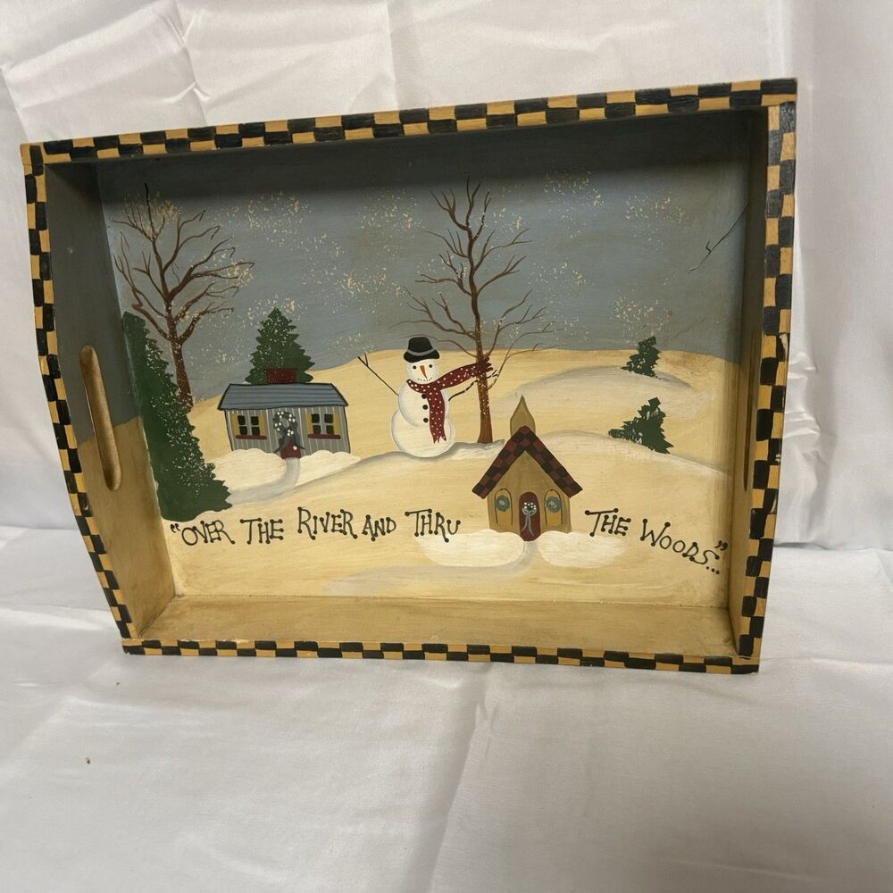 Vintage Hand Crafted Wooden Christmas Snowman Winter Scene Tray Mills River